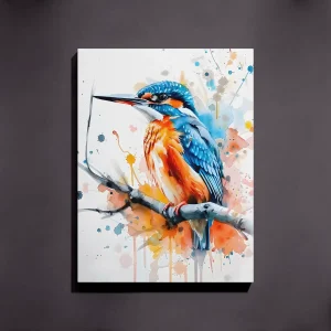 tablou canvas acuarelă cu un pescăraș albastru pe un perete gri