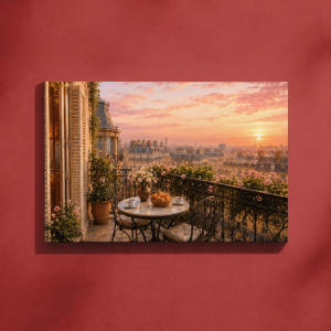 „Apus Parizian” – Tablou Canvas cu Balcon și Vedere asupra Parisului