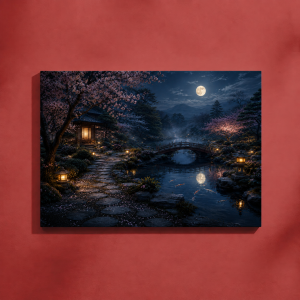 „Liniște sub Lună” – Tablou Canvas cu Grădină Japoneză